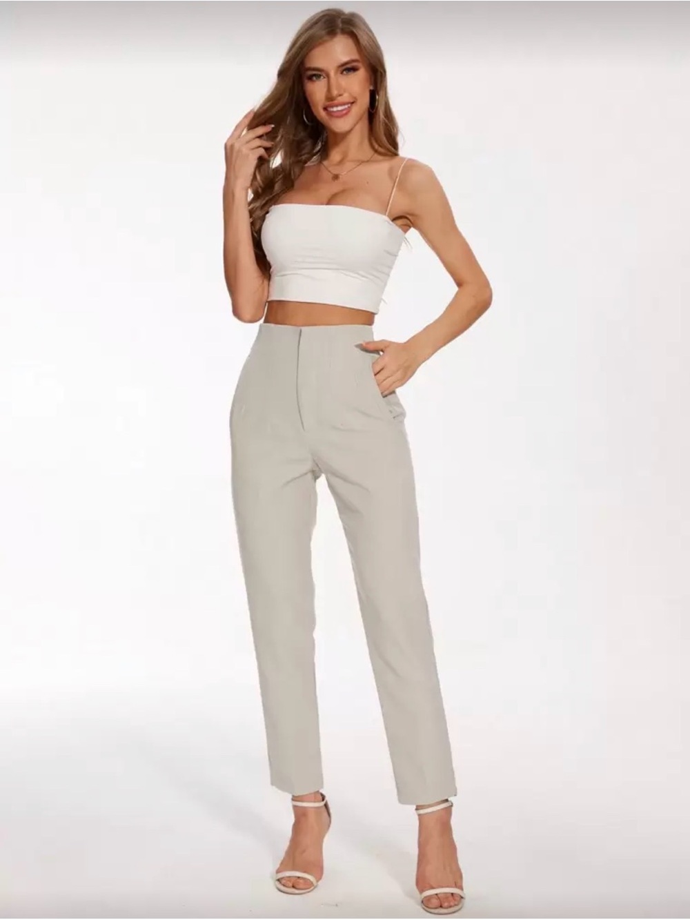 SHEIN Slim High-Waist Straight Trousers - Light Beige
